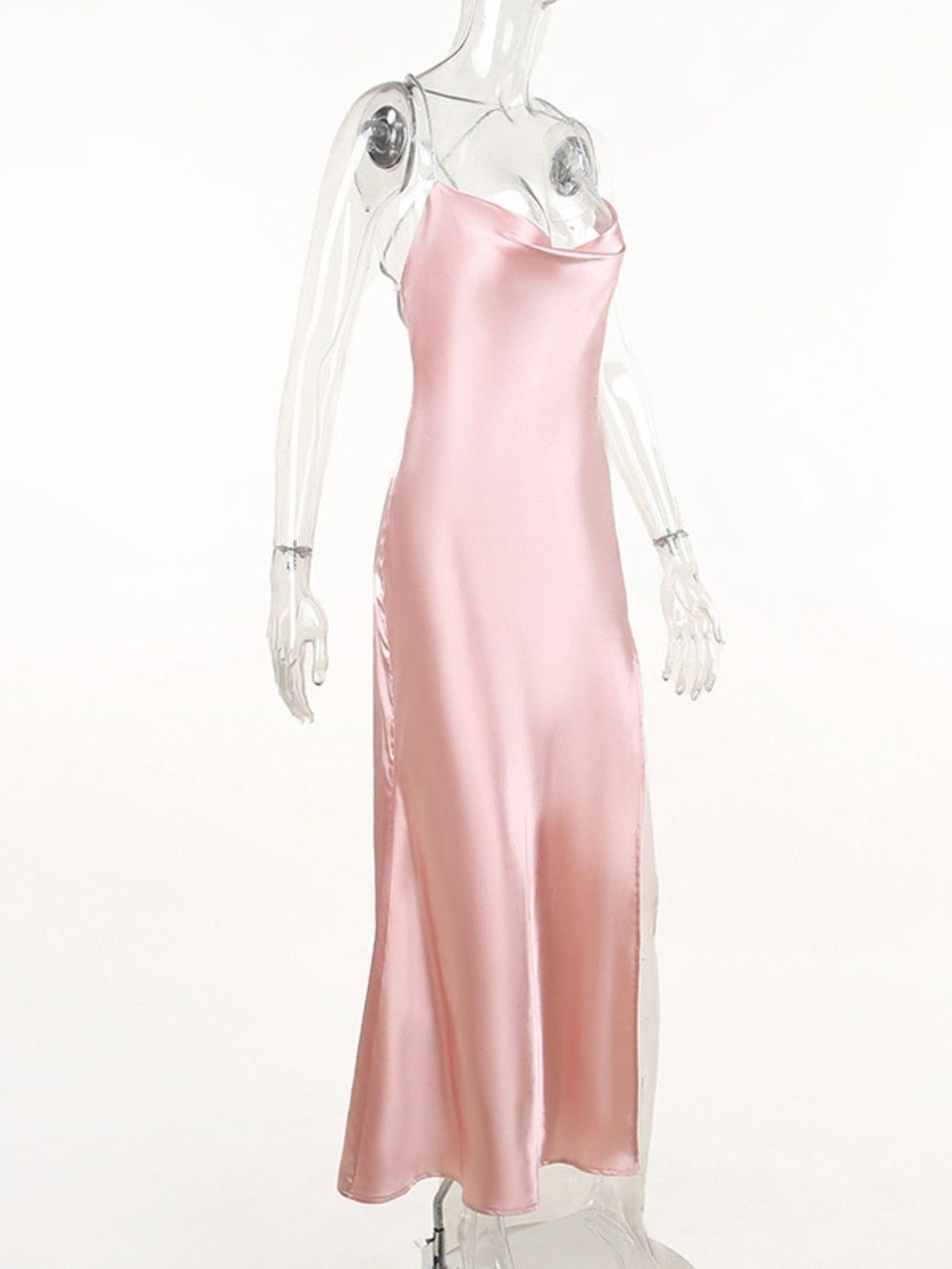 Slinky Satin Cowl Neck High Slit Dress with Back Lace Up - Lilixa.store