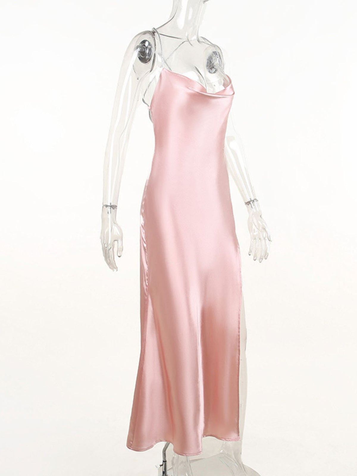 Slinky Satin Cowl Neck High Slit Dress with Back Lace Up - Lilixa.store