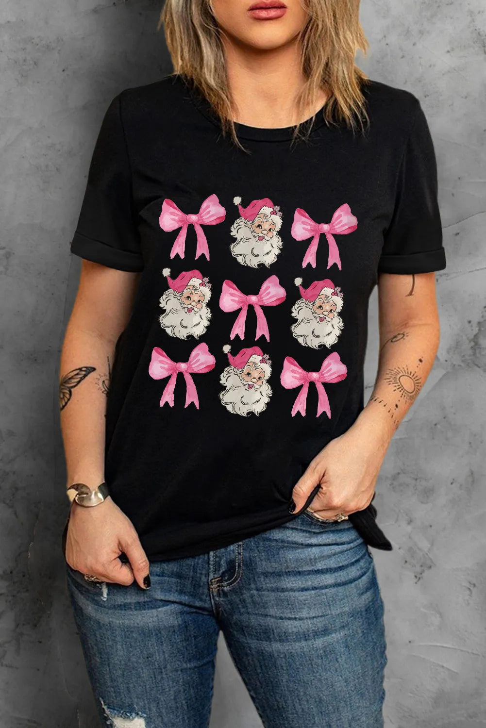 Santa & Bow Graphic Round Neck Short Sleeve T-Shirt - Lilixa.store