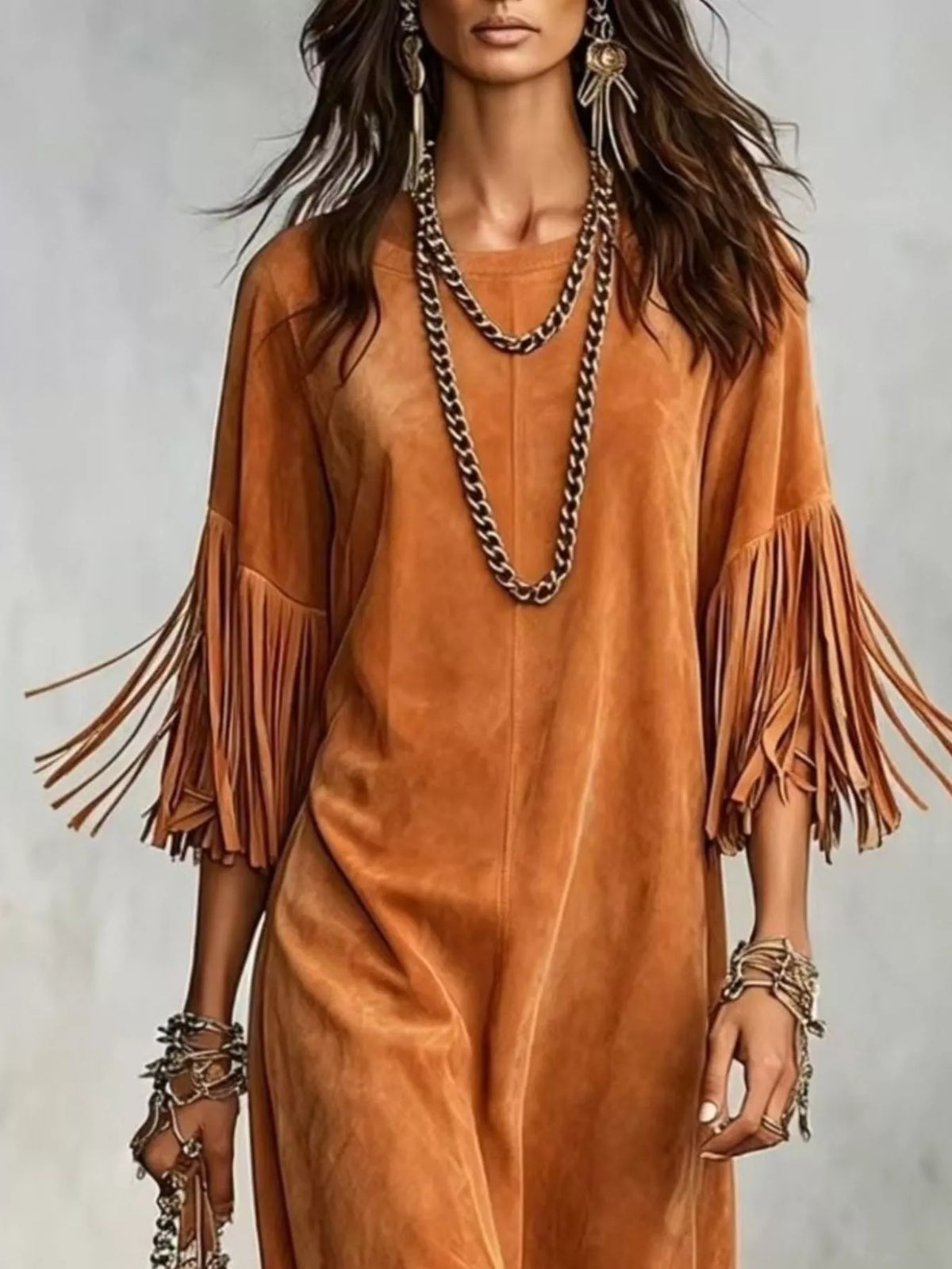 Fringed Round Neck Midi Dress - Lilixa.store