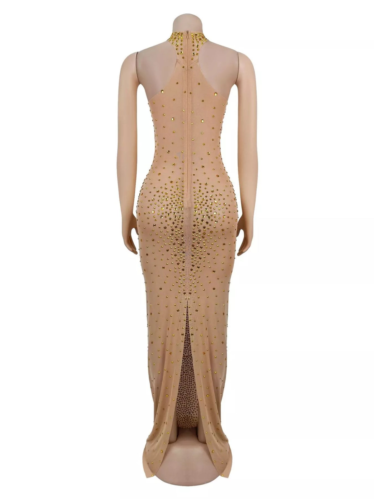 Rhinestone Embellished Mesh Dress with Back Slit in Gold, view 7