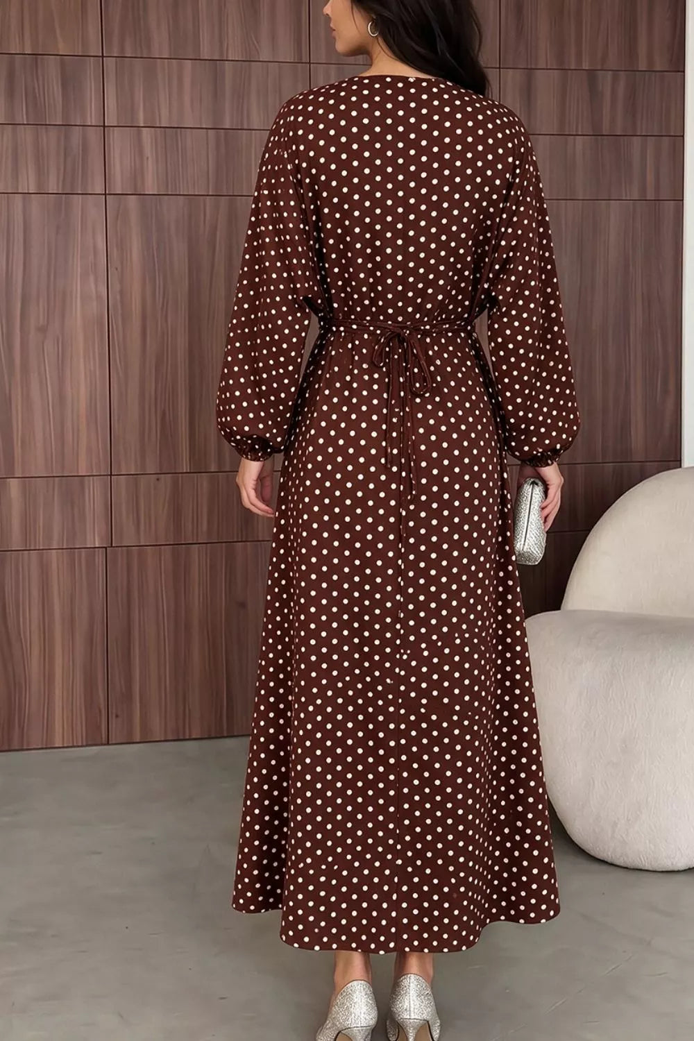 Polka Dot Long Sleeve Maxi Dress - Lilixa.store