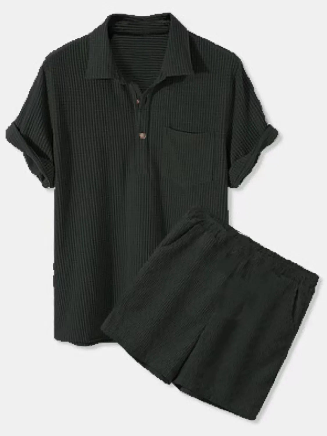 Men's Full Size Button Detail Short Sleeve Top and Shorts Set Plus Size in Black