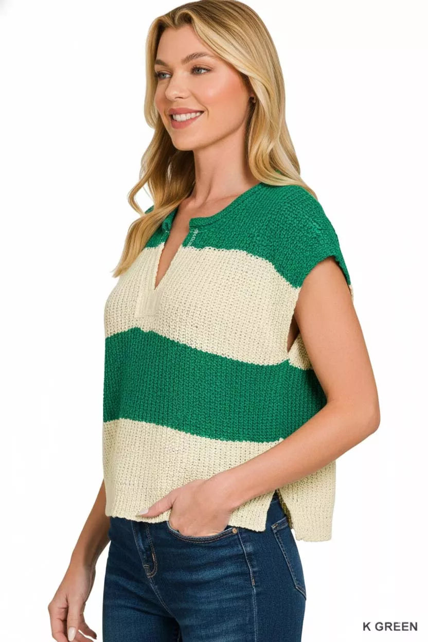 Zenana Split Neck Sleeveless Stripe Sweater, view 2