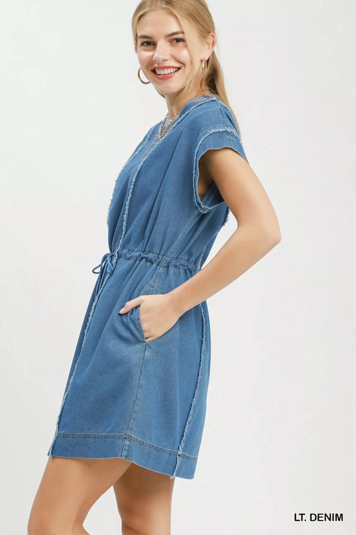 Umgee Drawstring Waist Frayed Denim Mini Dress, view 2