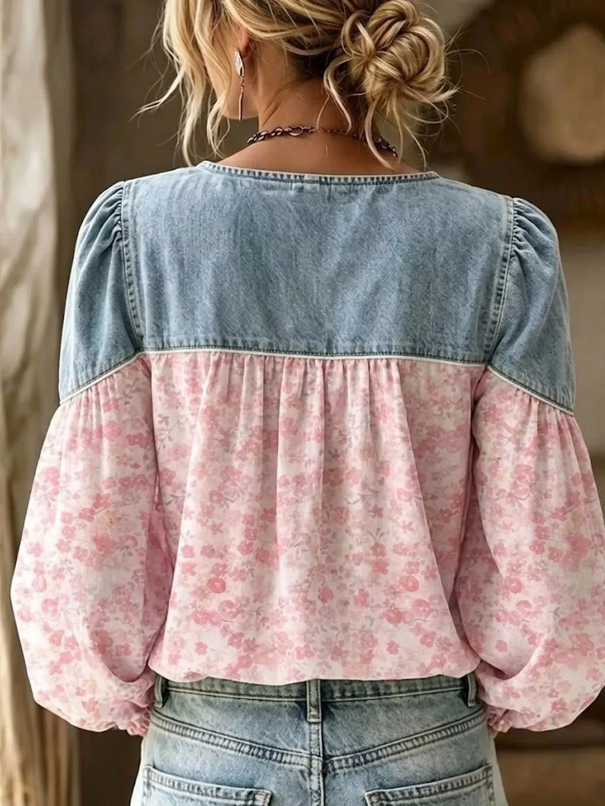 Full Size Denim Patchwork Floral Denim Top Plus Size