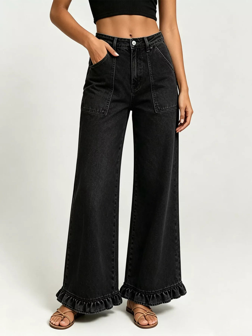 High-Waisted Wide-Leg Ruffle Hem Jeans - Lilixa.store