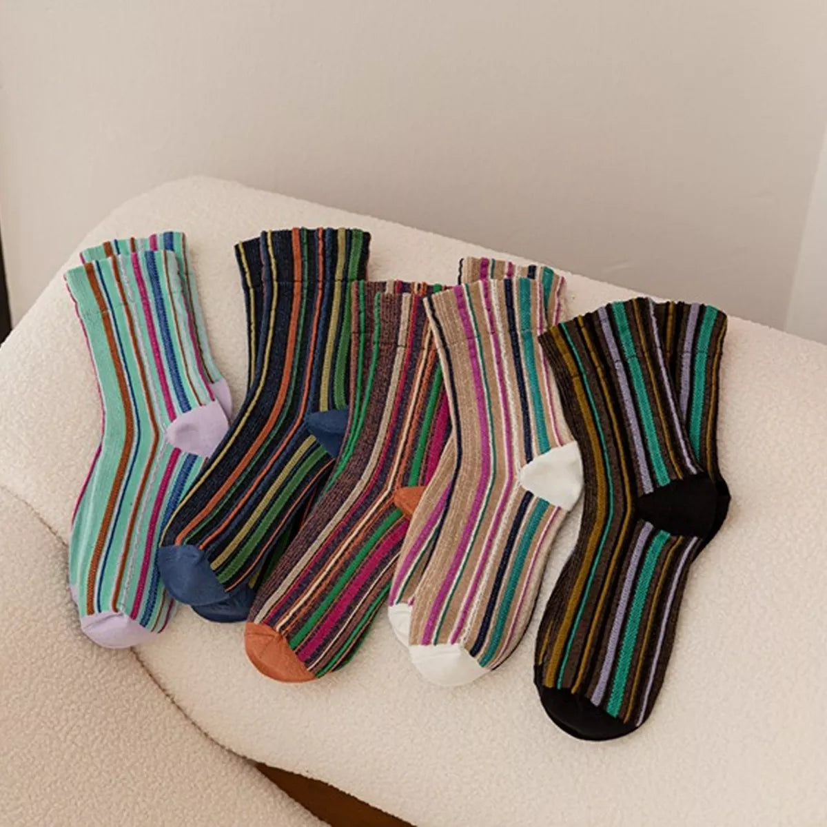 Multi-Color Striped Cotton Crew Socks