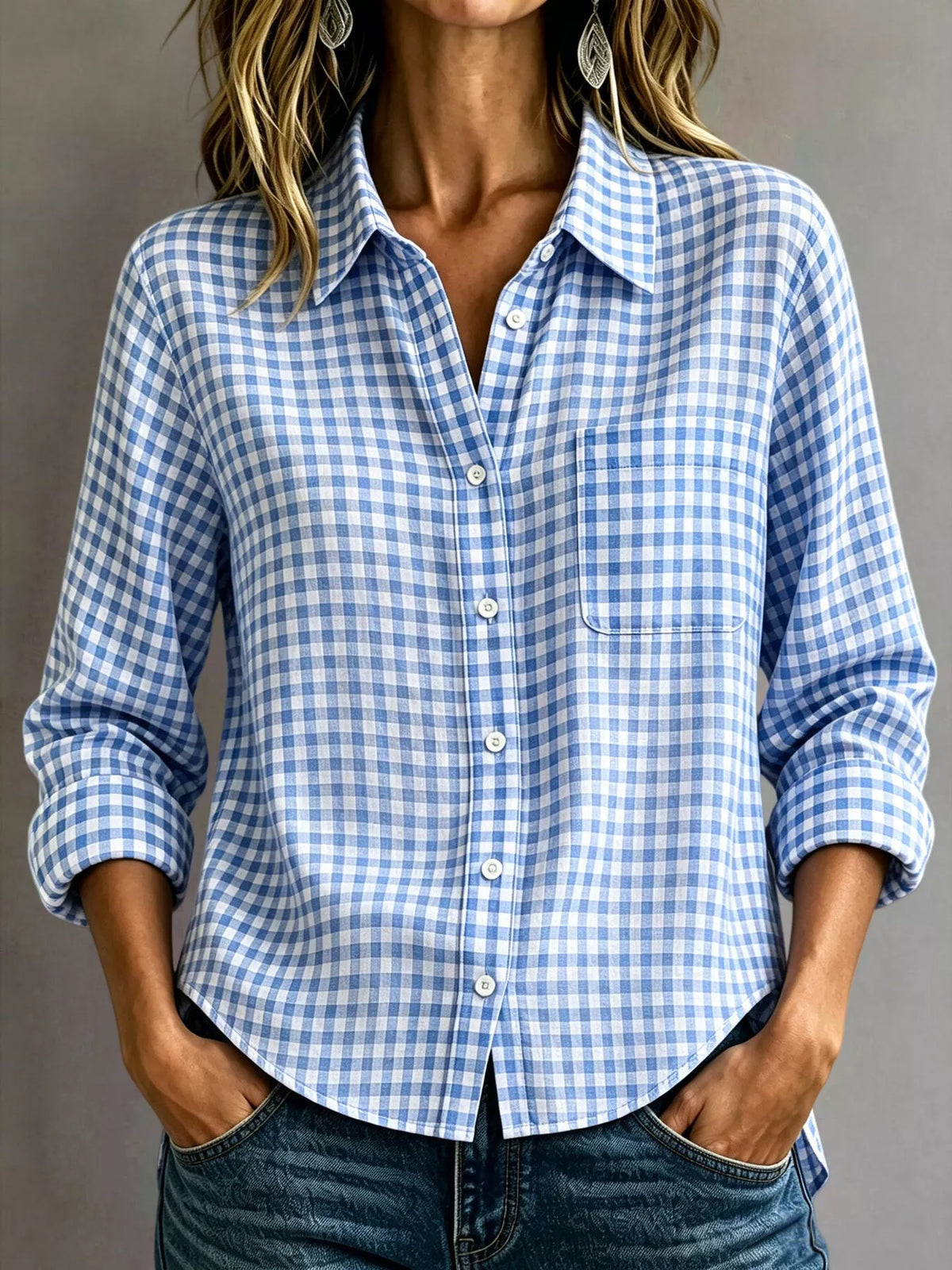 Gingham Button-Down Long Sleeve Shirt