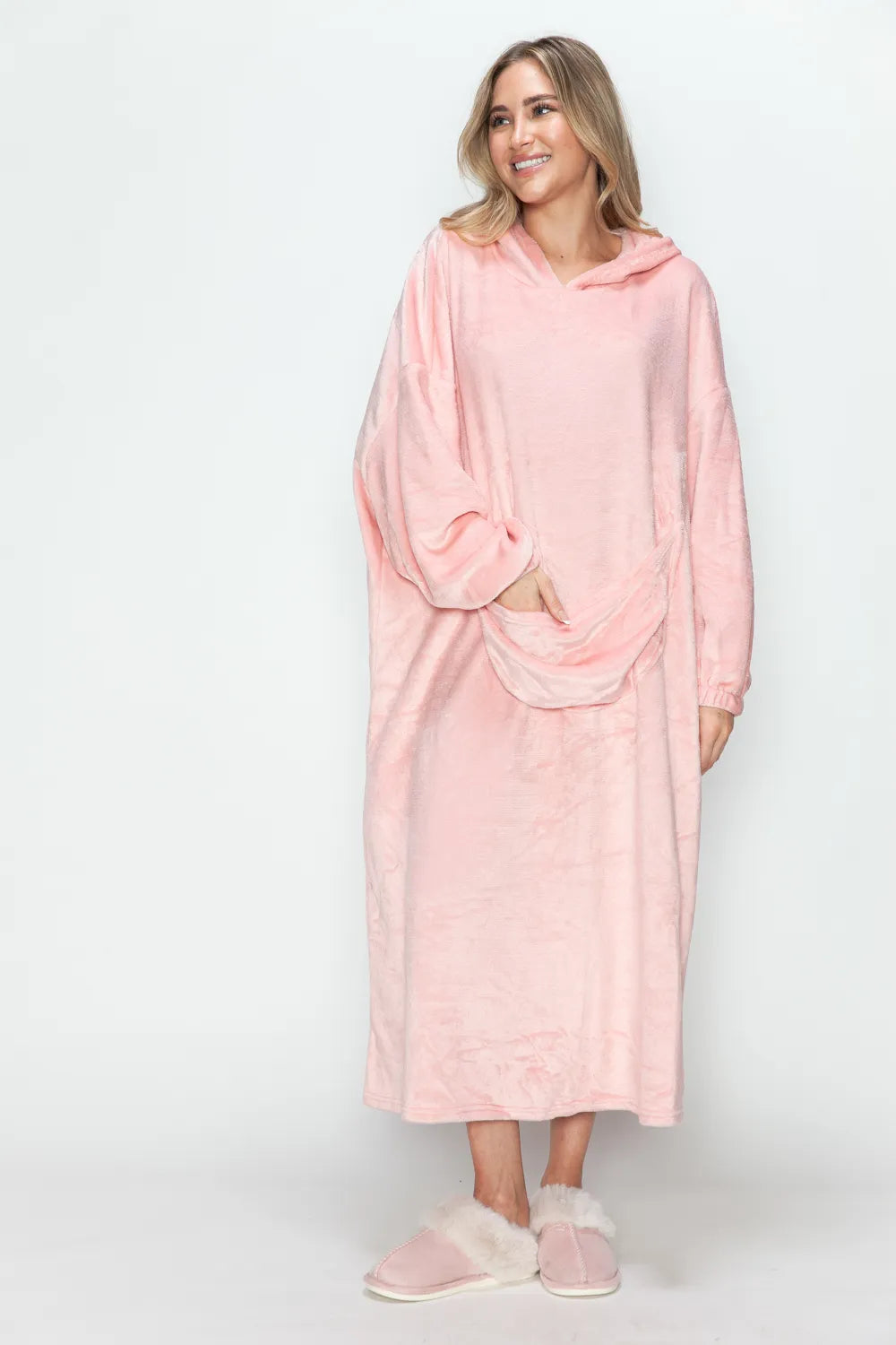 Double Take Full Size Pocketed Hooded Midi Lounge Dress - Lilixa.store
