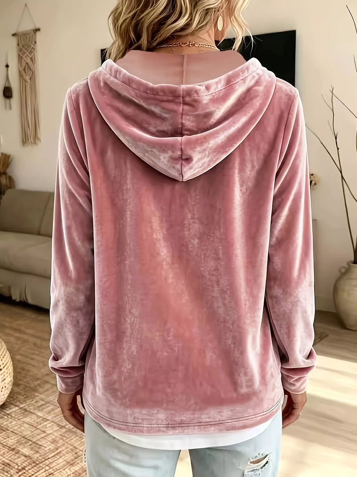 Full Size Drawstring Velvet Long Sleeve Hoodie Plus Size, view 5