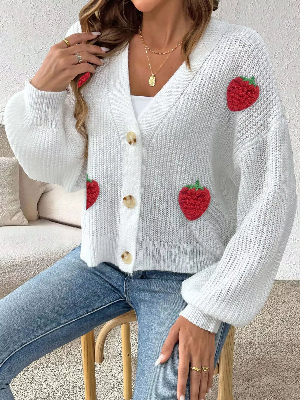 Strawberry Applique Button Up Cardigan - Lilixa.store