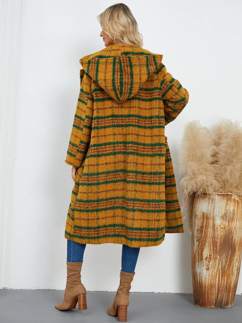 Plaid Long Sleeve Hooded Coat with Pockets, view 9