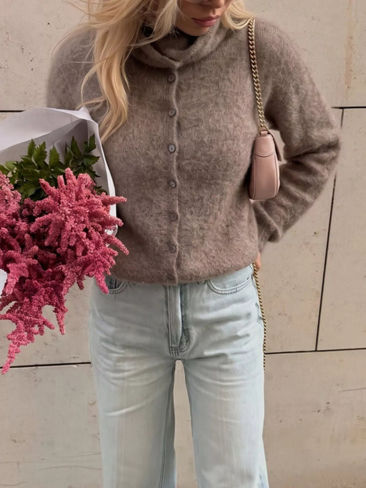 Mock Neck Button-Down Fuzzy Knit Cardigan, view 17