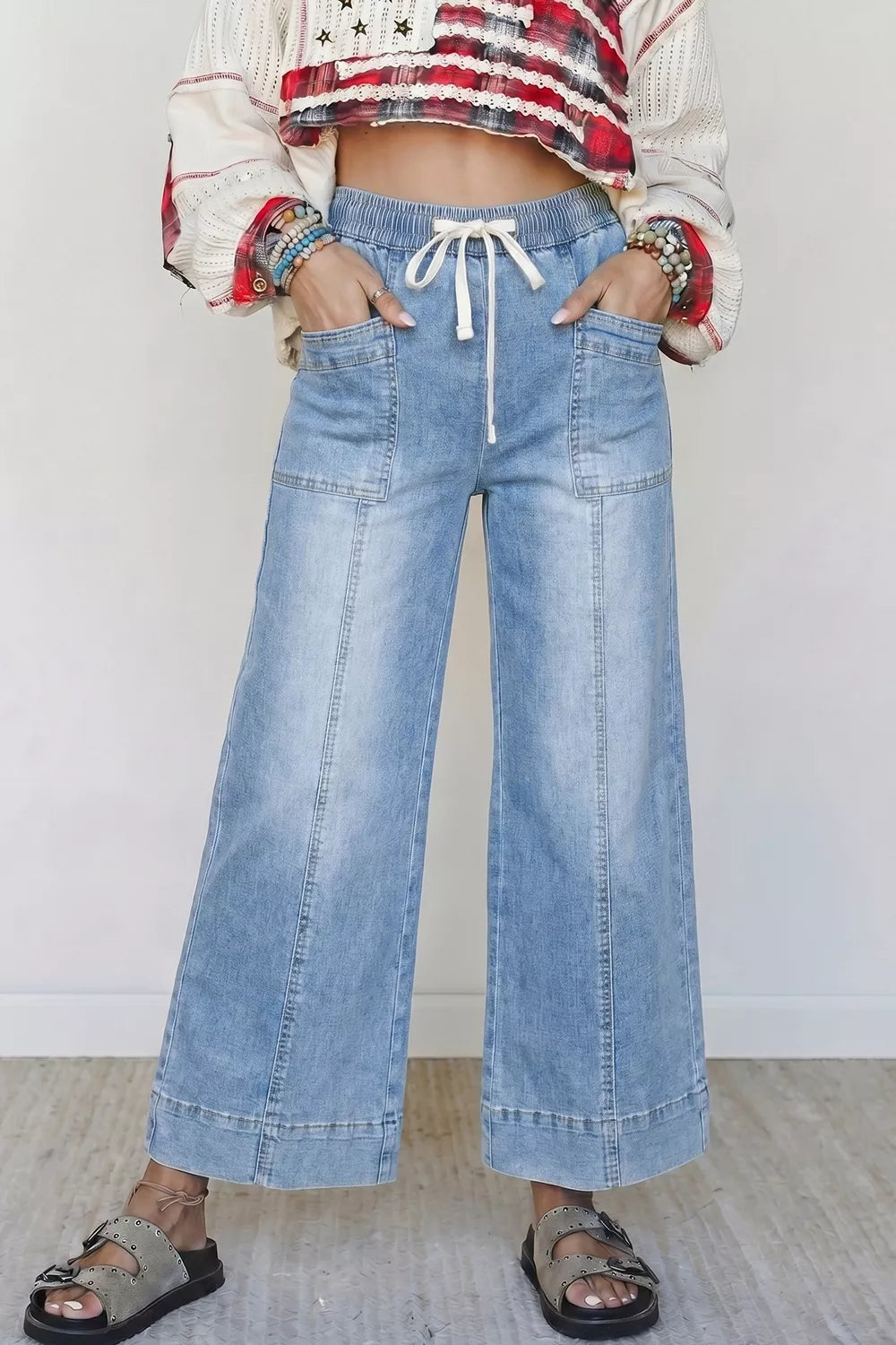 Drawstring Waist Wide Leg Ankle Length Jeans - Lilixa.store