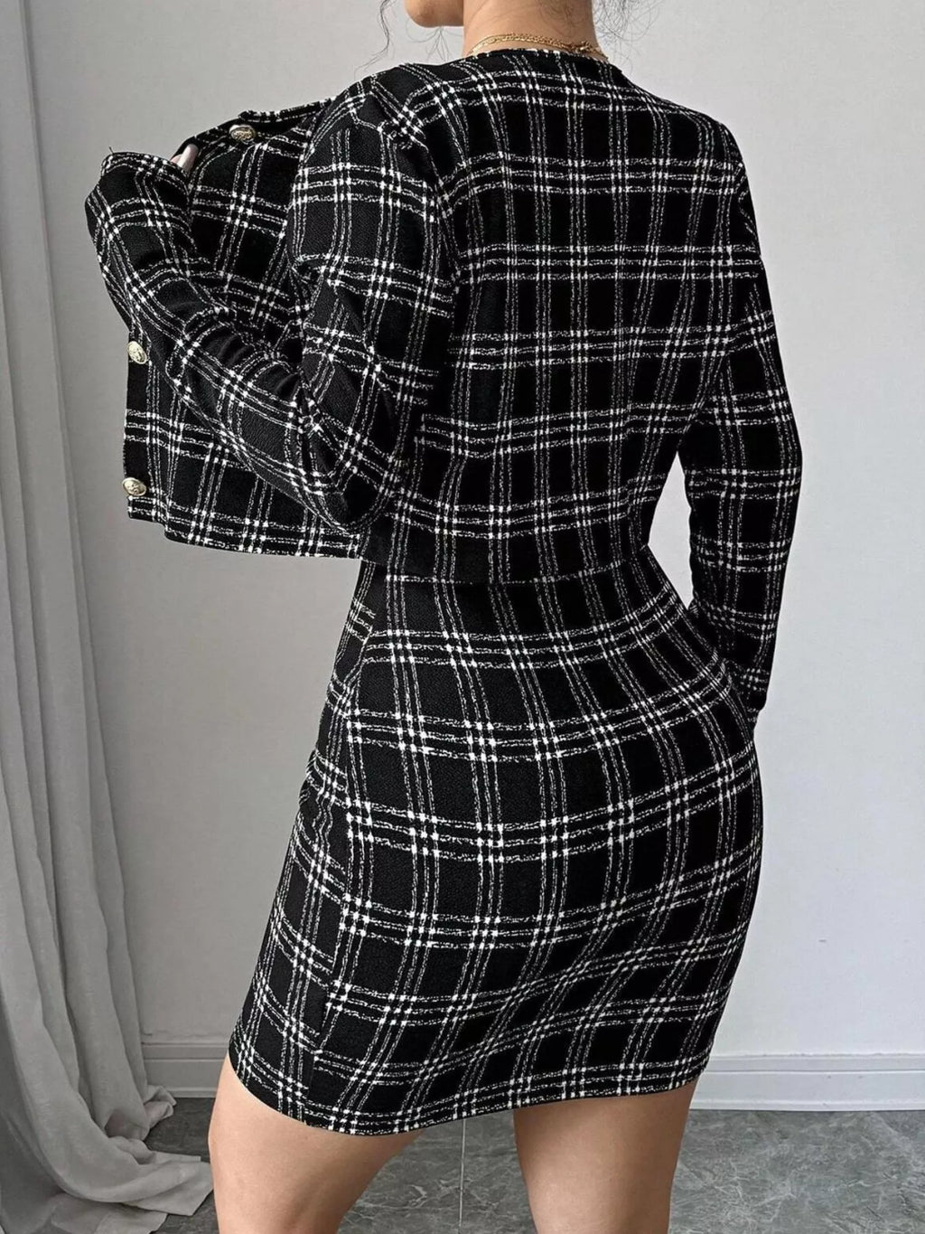 Plaid Tweed Crop Outerwear and Bodycon Mini Dress Two-Piece Set - Lilixa.store