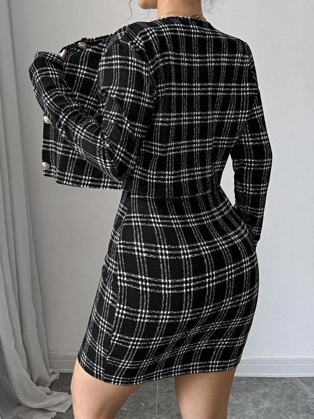 Plaid Tweed Crop Outerwear and Bodycon Mini Dress Two-Piece Set - Lilixa.store