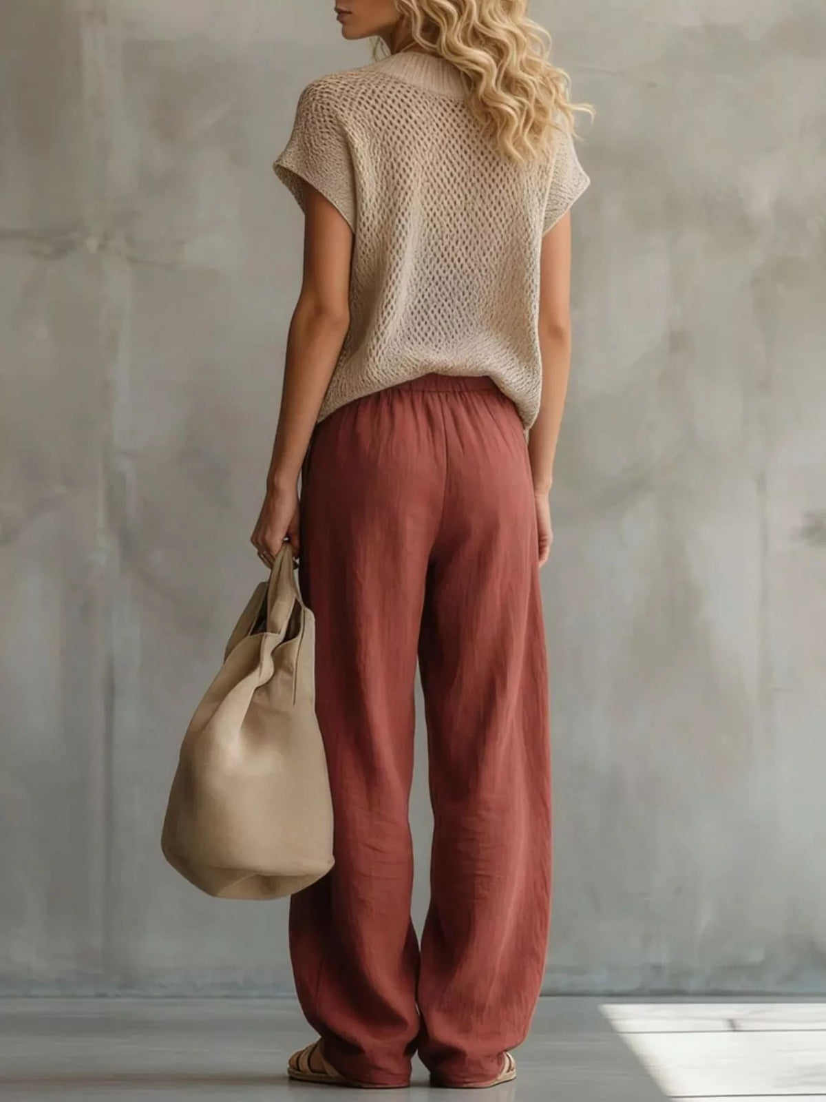 Openwork Knit Top and Wide-Leg Pant Set