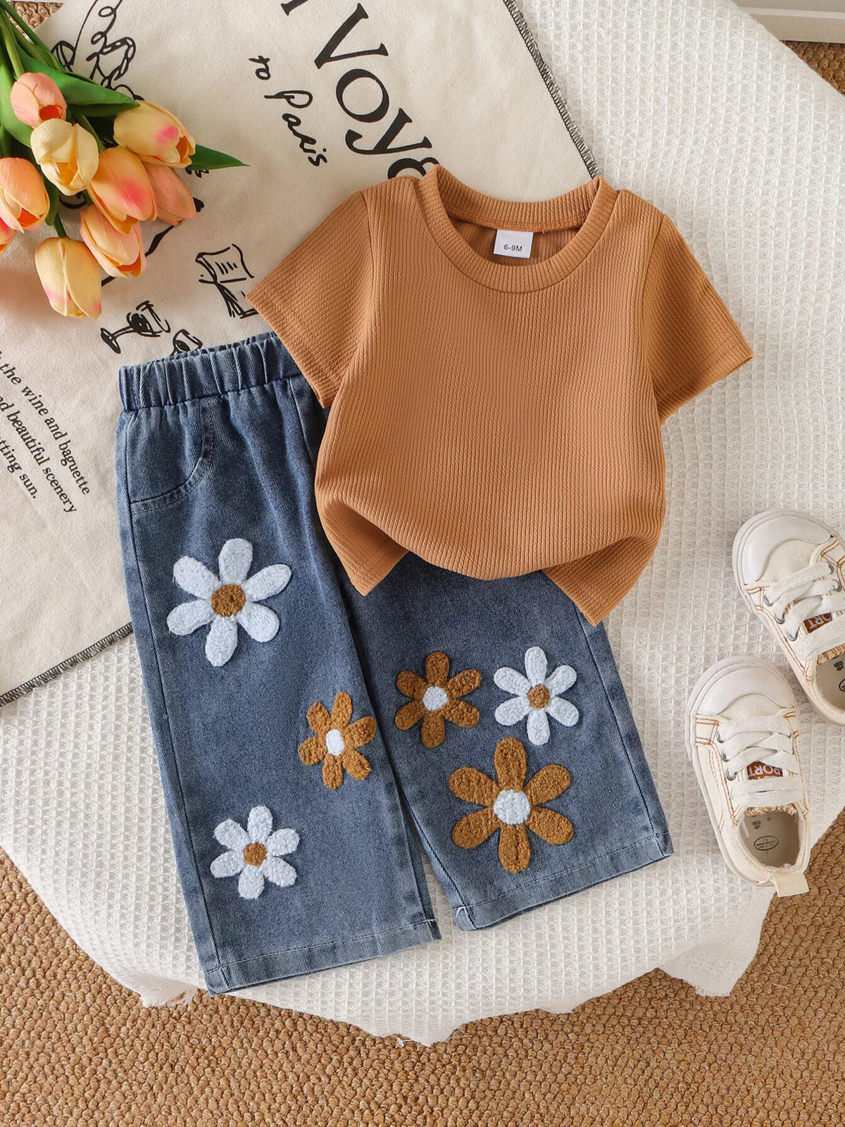 Children's Round Neck Top and Flower Jeans Set - Lilixa.store