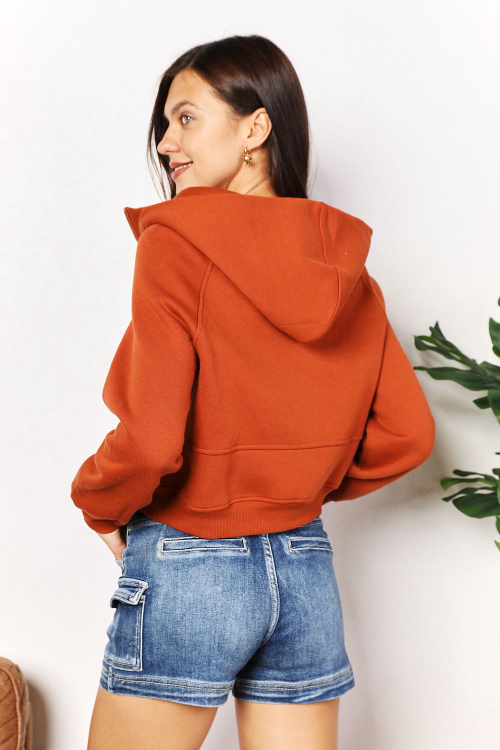 Double Take Half-Zip Long Sleeve Cropped Hoodie in Caramel, view 2