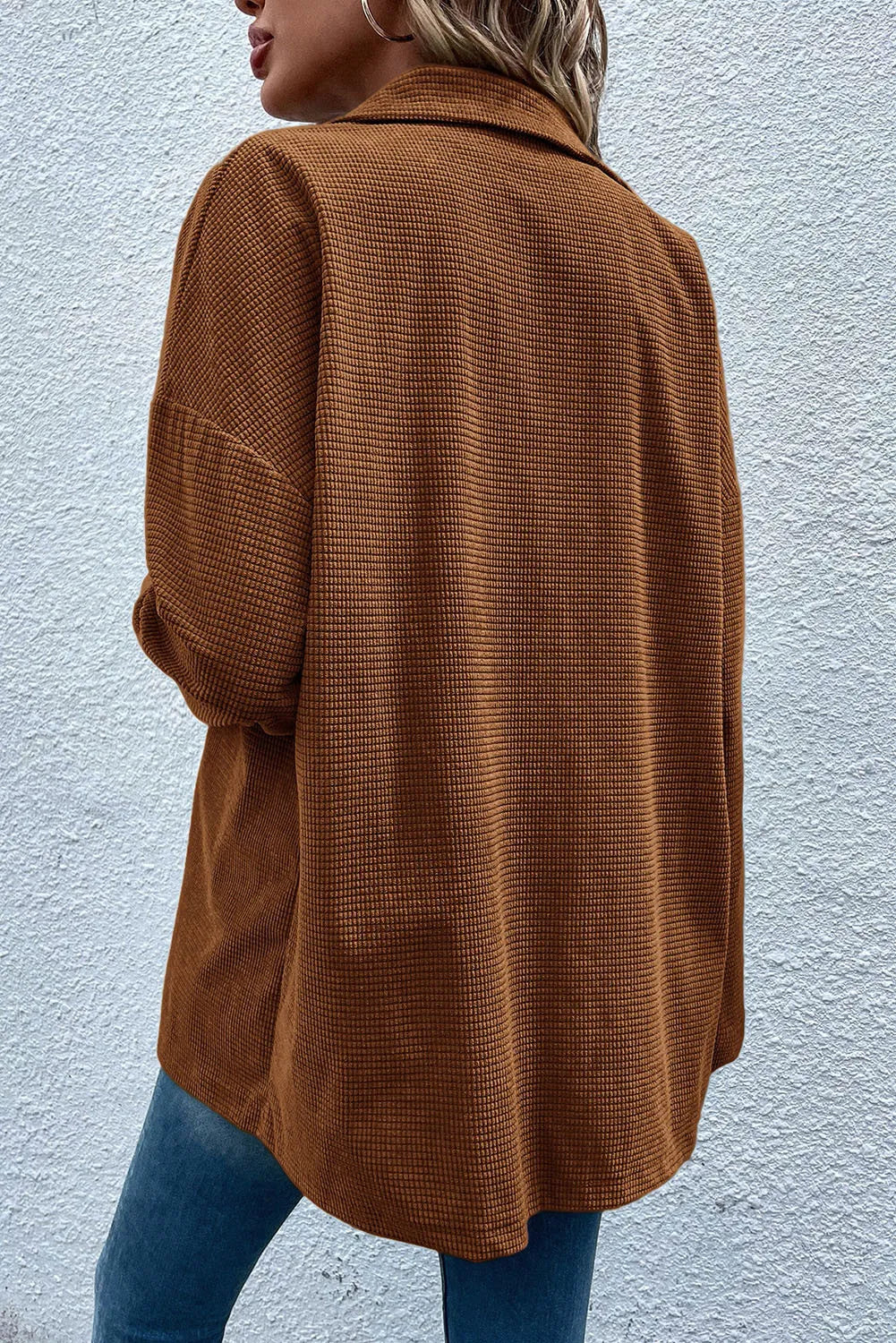 Pocketed Snap Down Long Sleeve Jacket in Brown, view 2