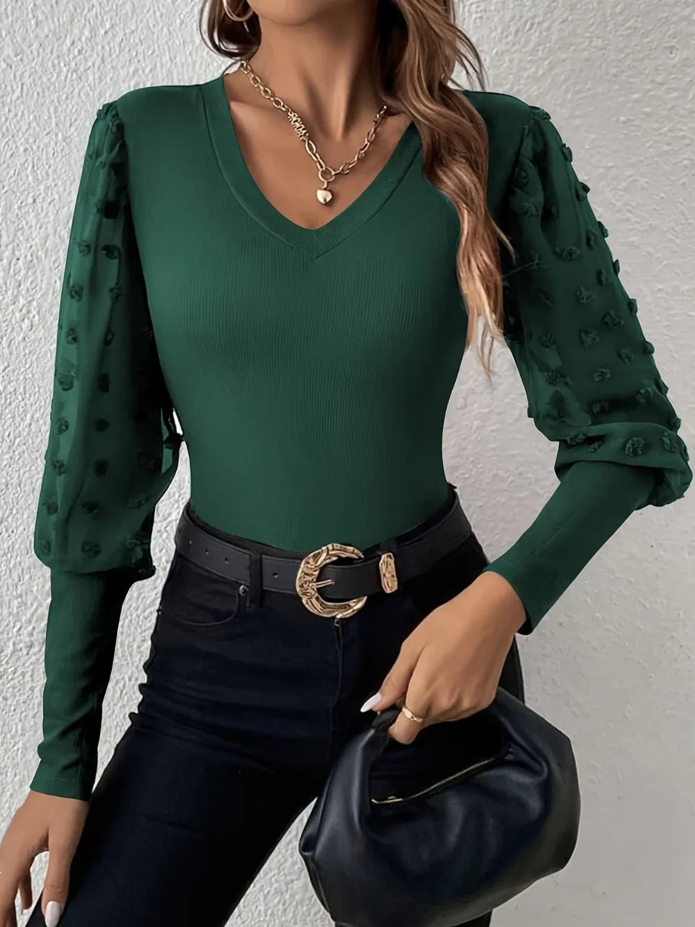 Swiss Dot V-Neck Long Sleeve Top - Lilixa.store
