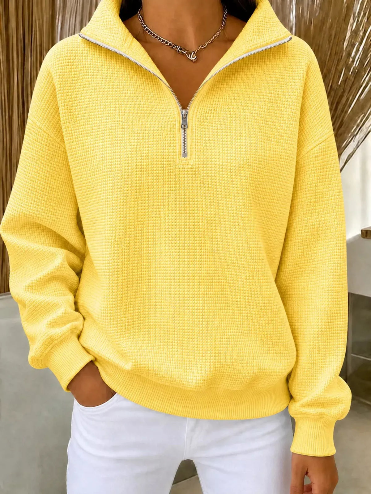 Full Size Waffle Knit Quarter-Zip Sweatshirt Plus Size - Lilixa.store