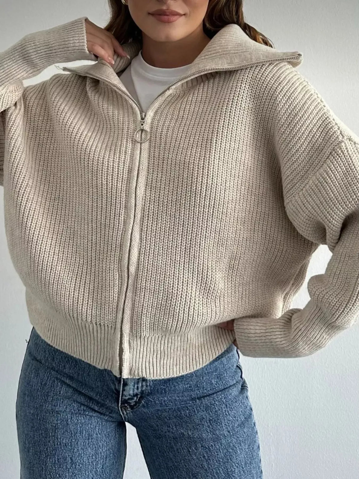 Zip Up Dropped Shoulder Cardigan - Lilixa.store