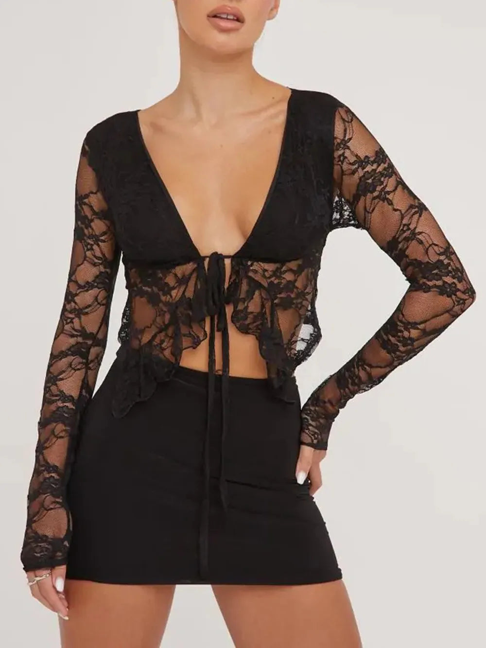 Tied Plunge Long Sleeve Lace Cropped Shirt - Lilixa.store
