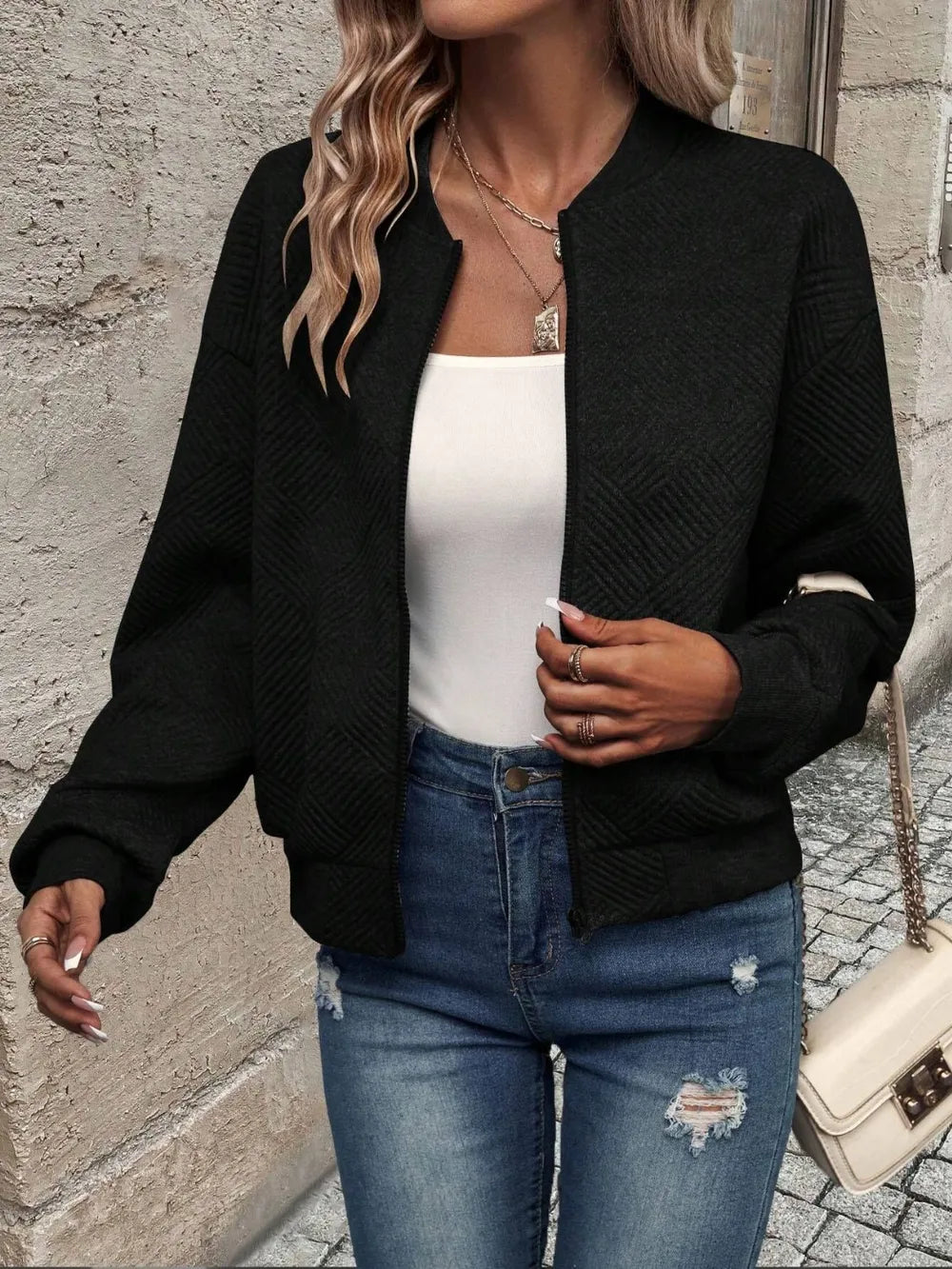 Textured Zip Up Long Sleeve Jacket, view 13