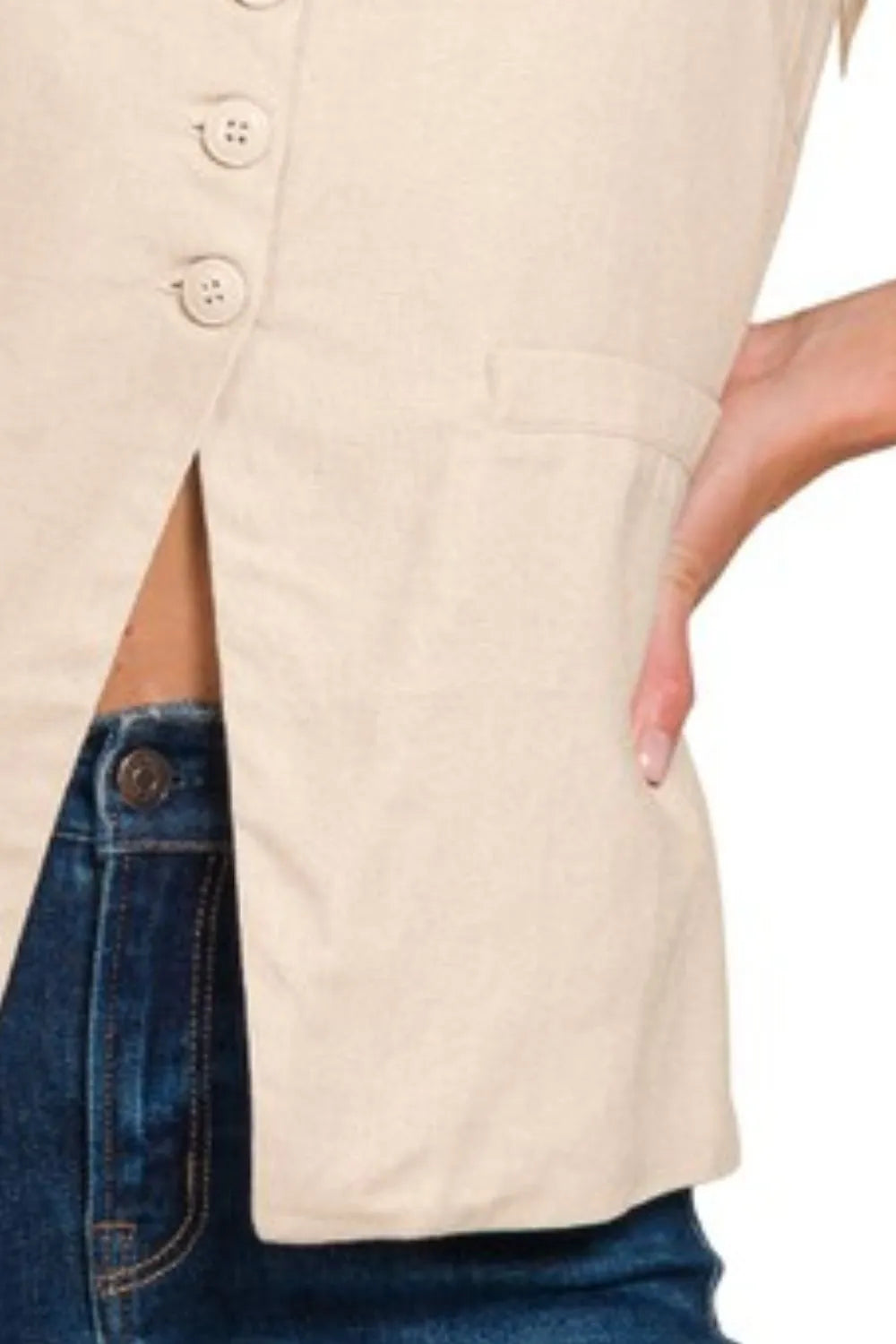 Zenana Linen Tie-back 4-button Vest with Lining in Sand Beige, view 3