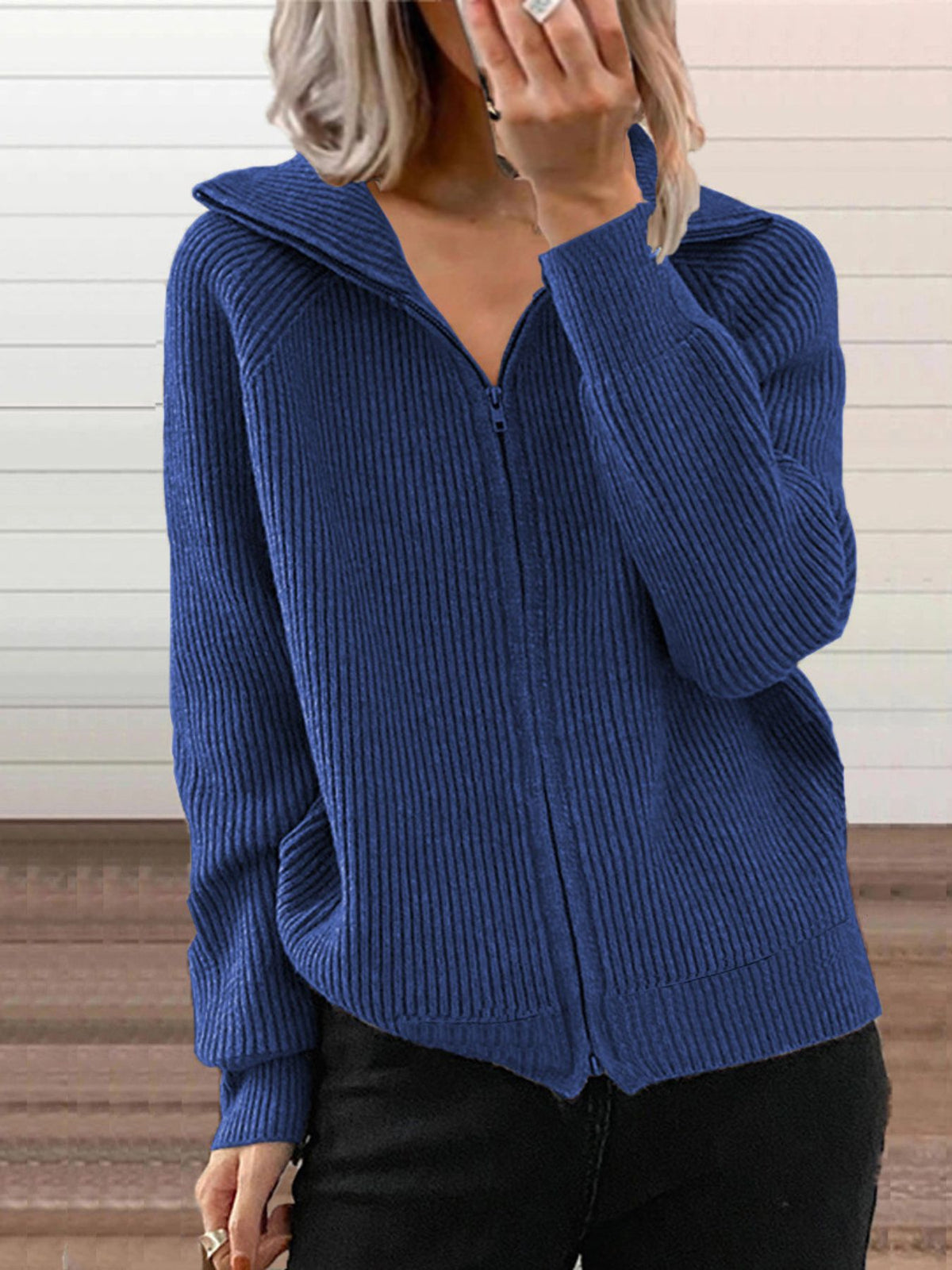 Full Size Ribbed Knit Zip-Up Outerwear Plus Size in Blue