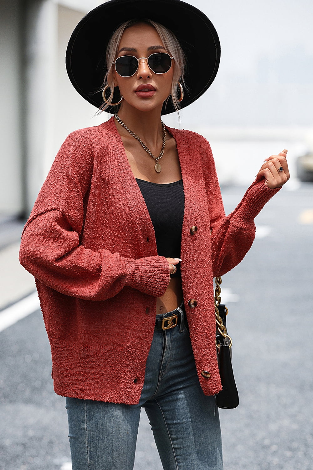 Button-Up Dropped Shoulder Cardigan - Lilixa.store