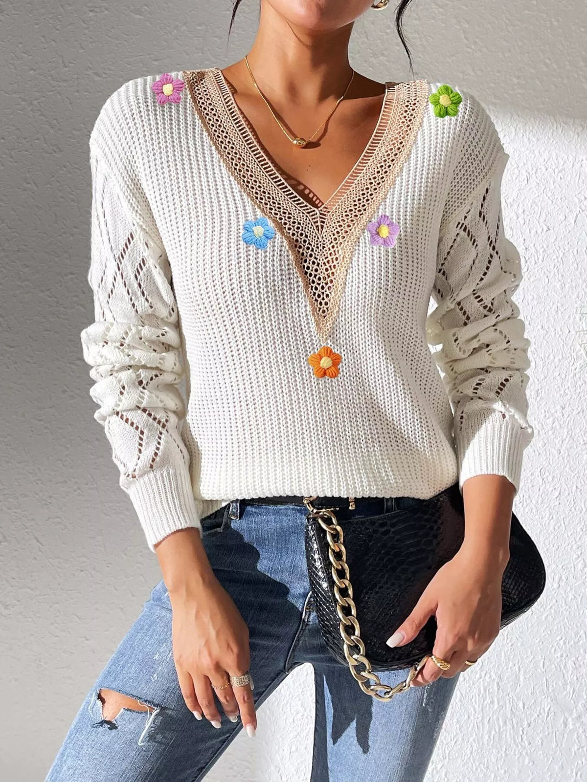 Floral Applique V-Neck Openwork Sweater