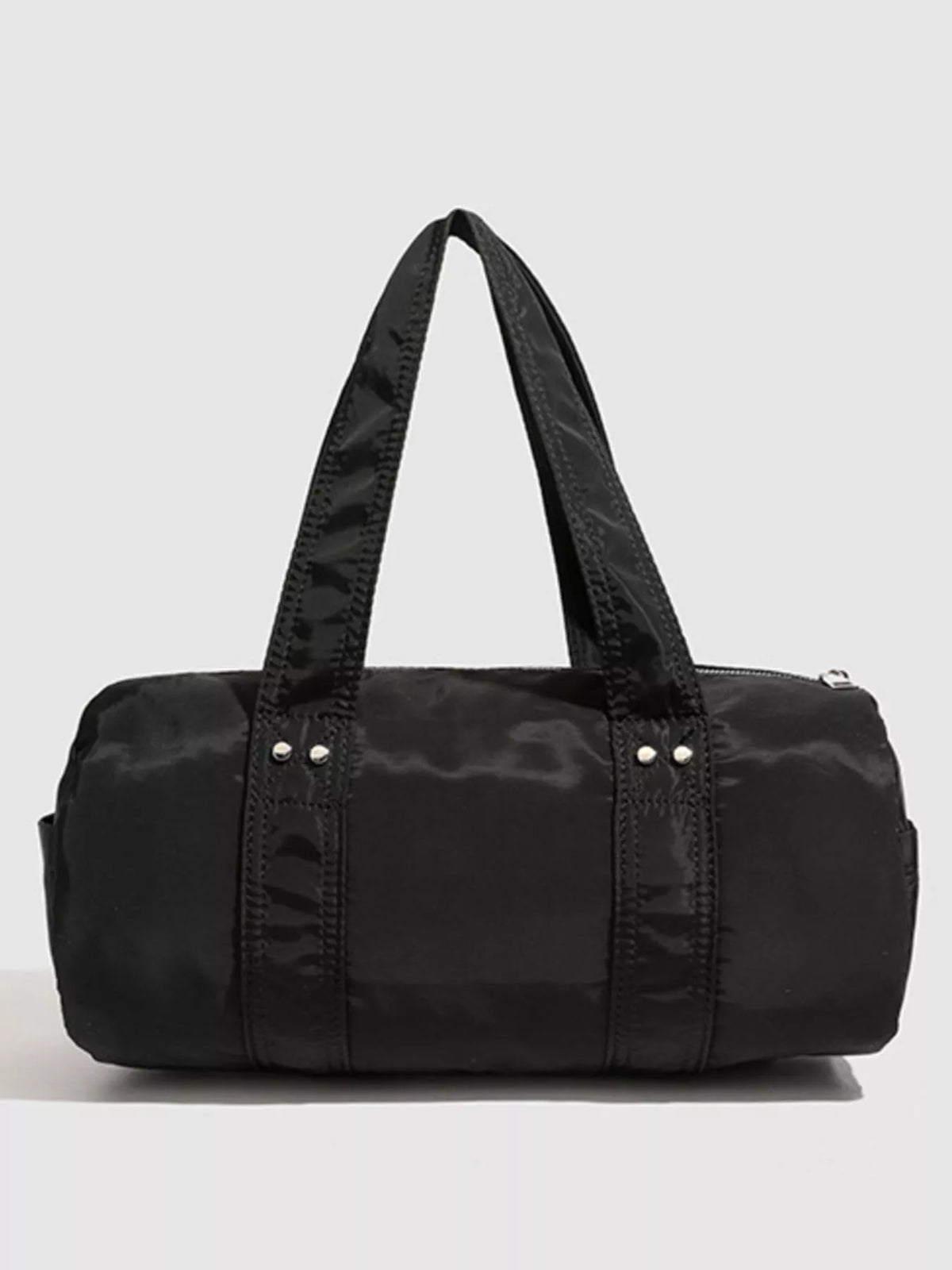 Minimalist Nylon Barrel Shoulder Bag with Multi-Pocket Utility in Black, view 3