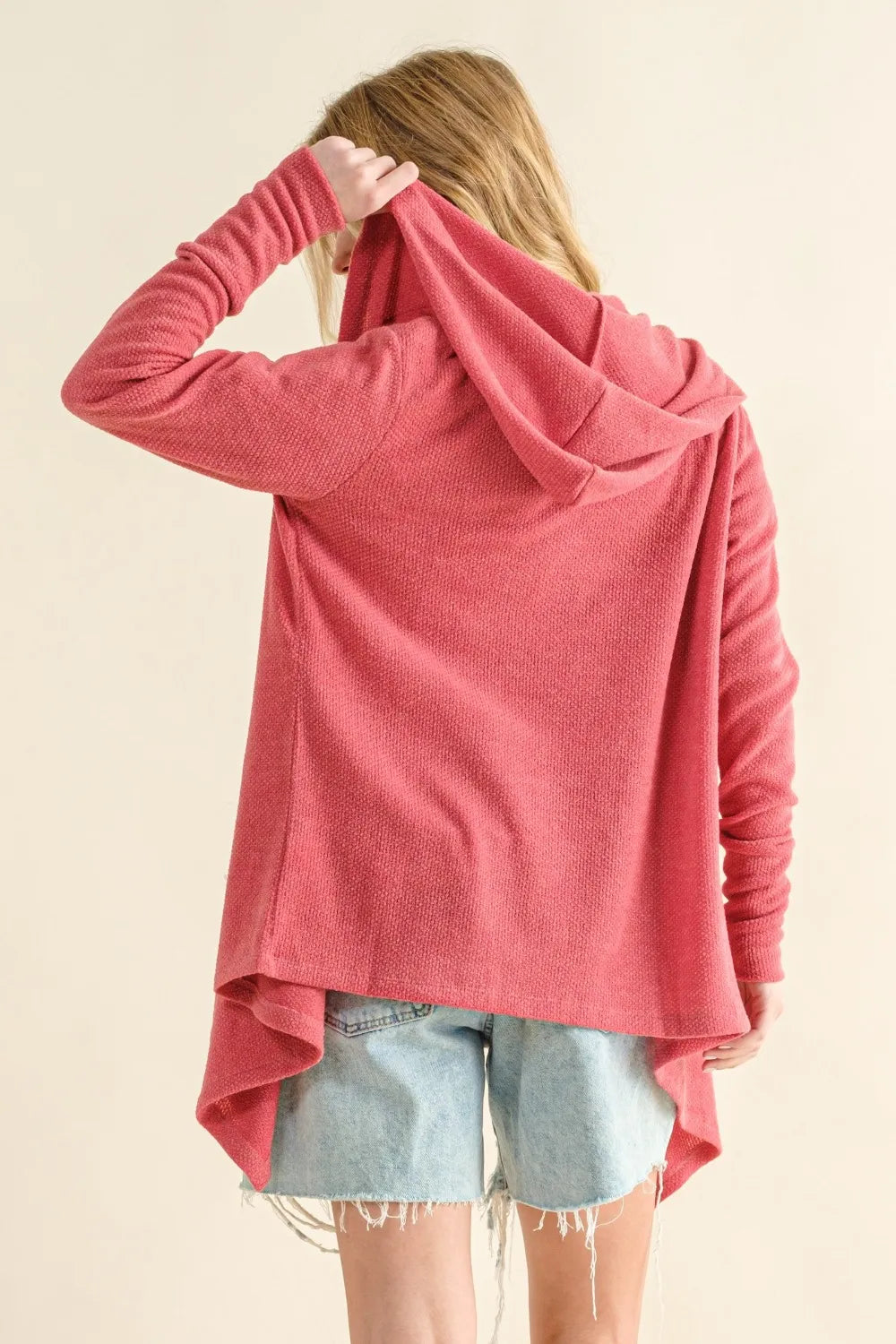 And The Why Full Size Thermal Hooded Open Front Cardigan with Pockets in Rose Pink, view 2