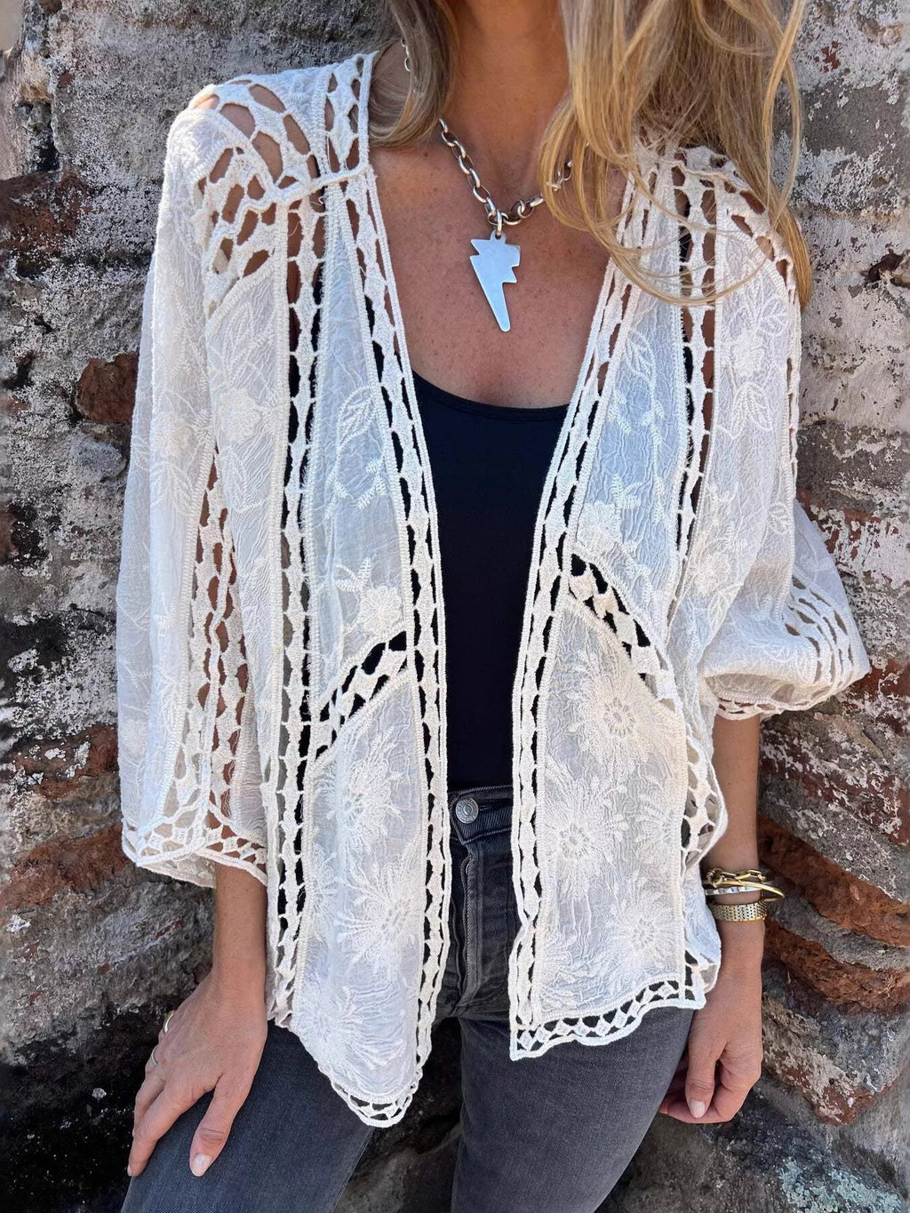 Full Size Embroidered Open Front Cardigan Plus Size - Lilixa.store