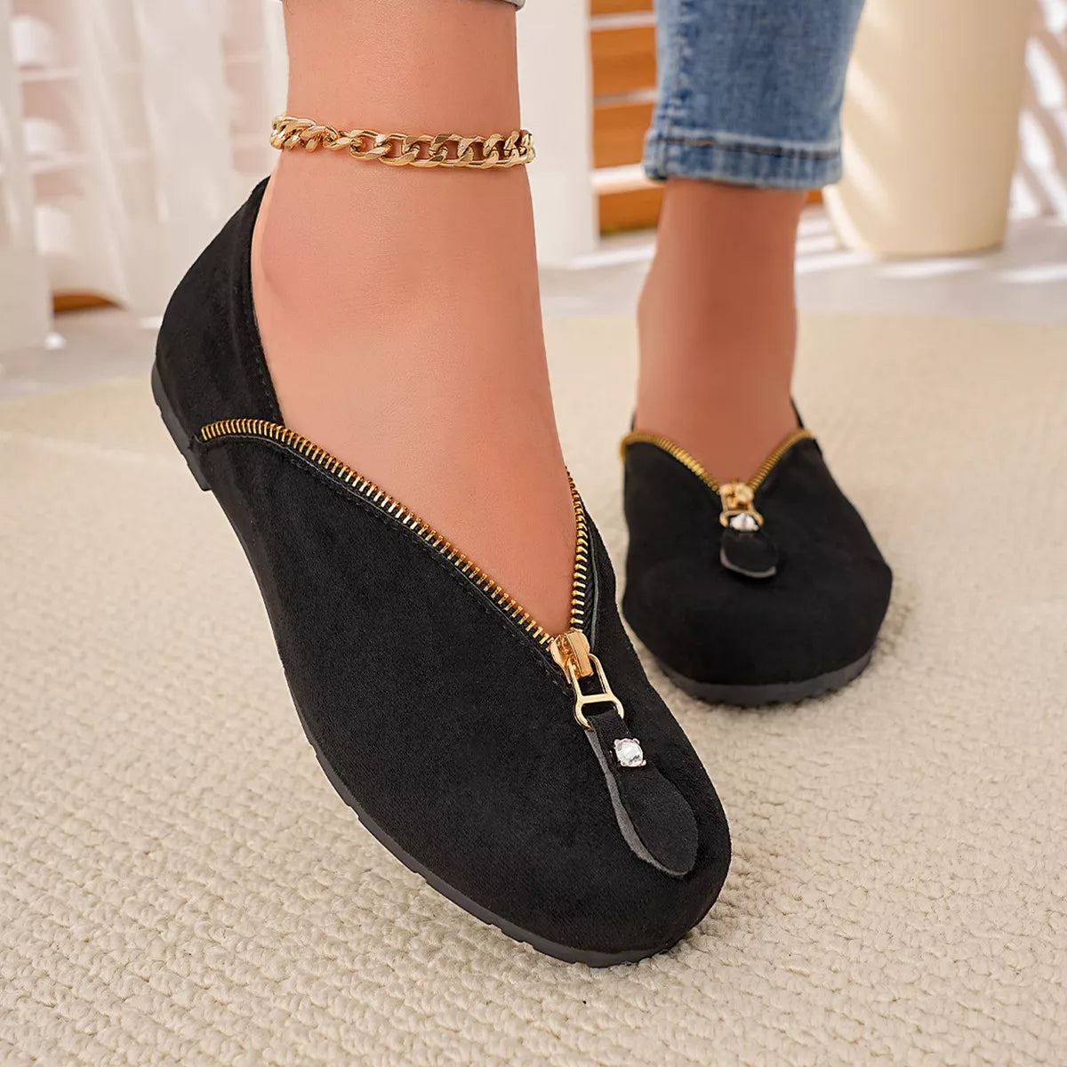 Chic Zipper Detail Flats Slip‑Ons - Lilixa.store