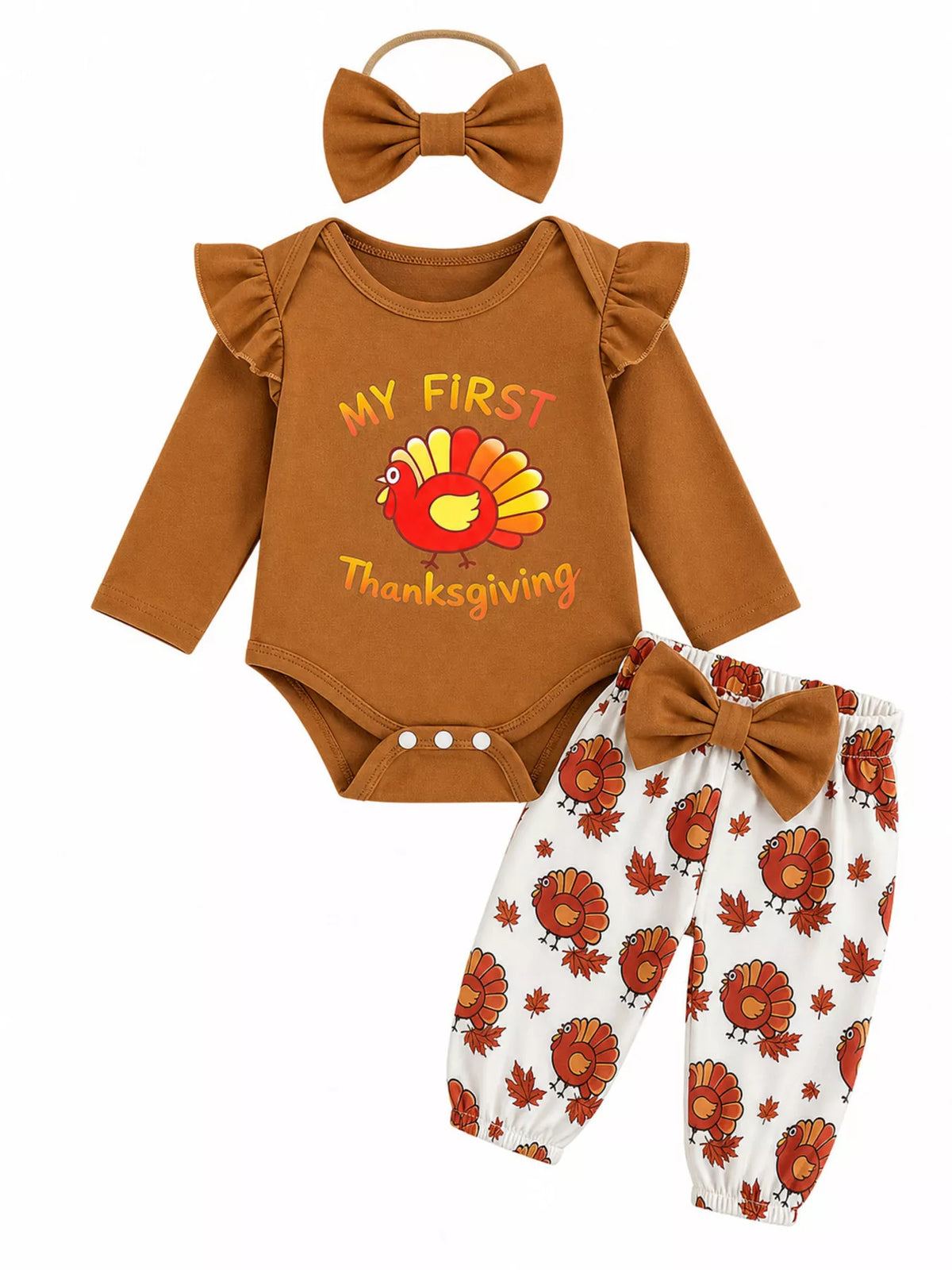 Children's 'My First Thanksgiving' Ruffle Bodysuit and Turkey Print Pants Set with Headband