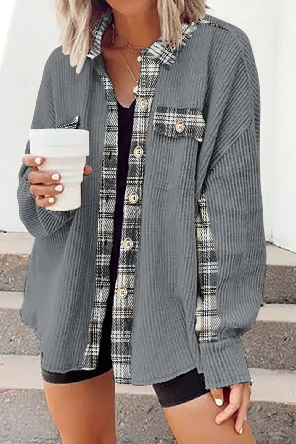 Plaid Button Down Collared Jacket in Cloudy Blue