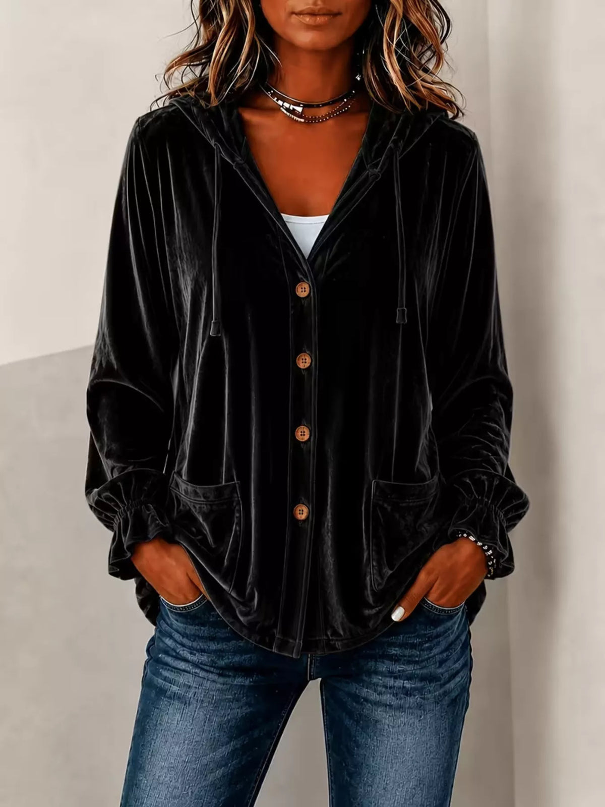 Full Size Velvet Button-Down Hooded Outerwear Plus Size - Lilixa.store