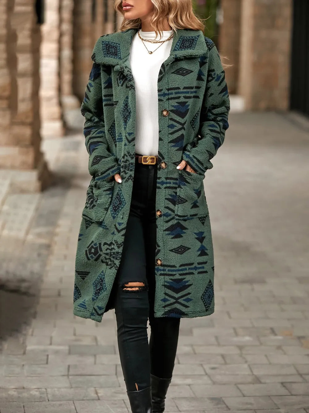 Geometric Pocketed Dropped Shoulder Coat, view 7
