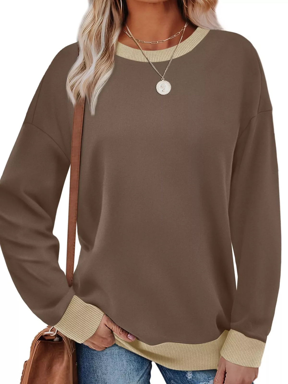 Contrast Trim Crew Neck Casual Sweatshirt - Lilixa.store