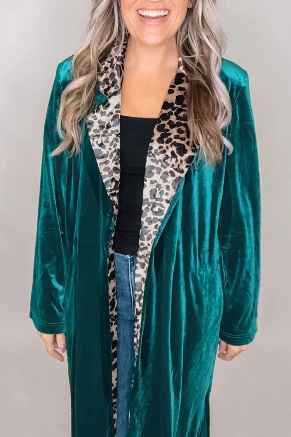 Velvet Contrast Leopard Print Lapel Collar Open Front Cardigan in Deep Teal, view 4