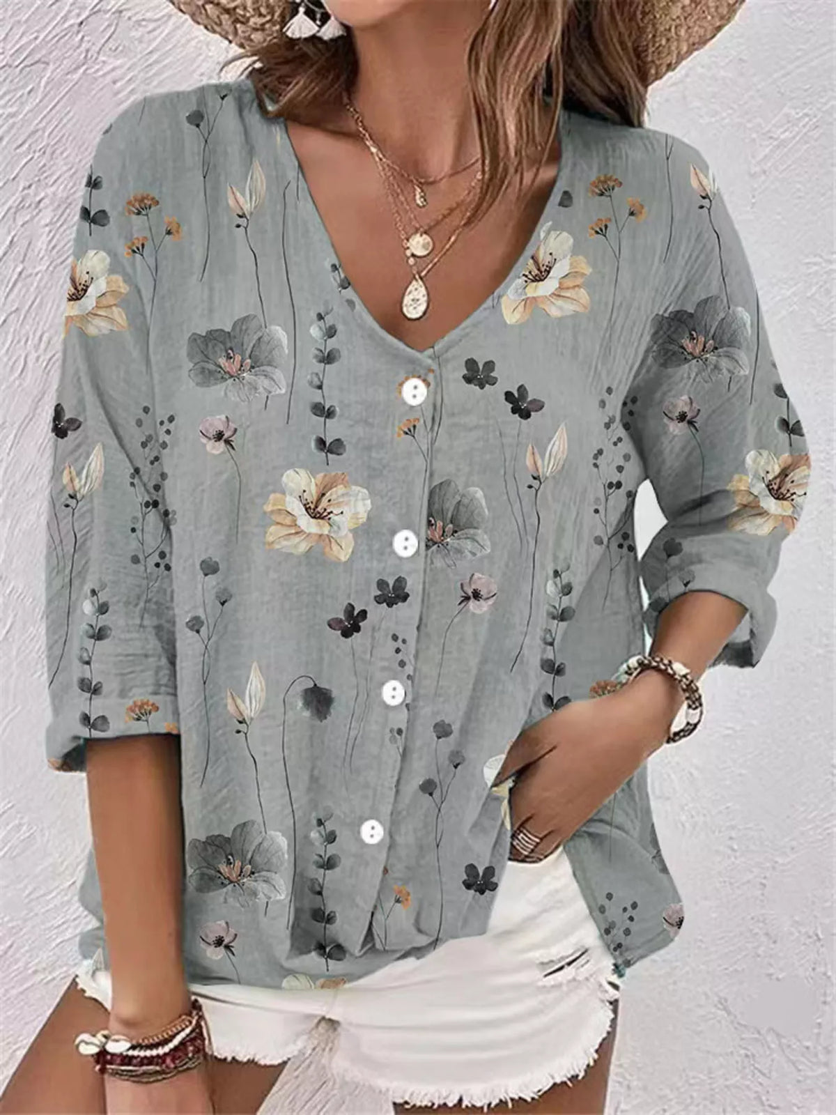 Floral Print V-Neck Button-Down Shirt - Lilixa.store