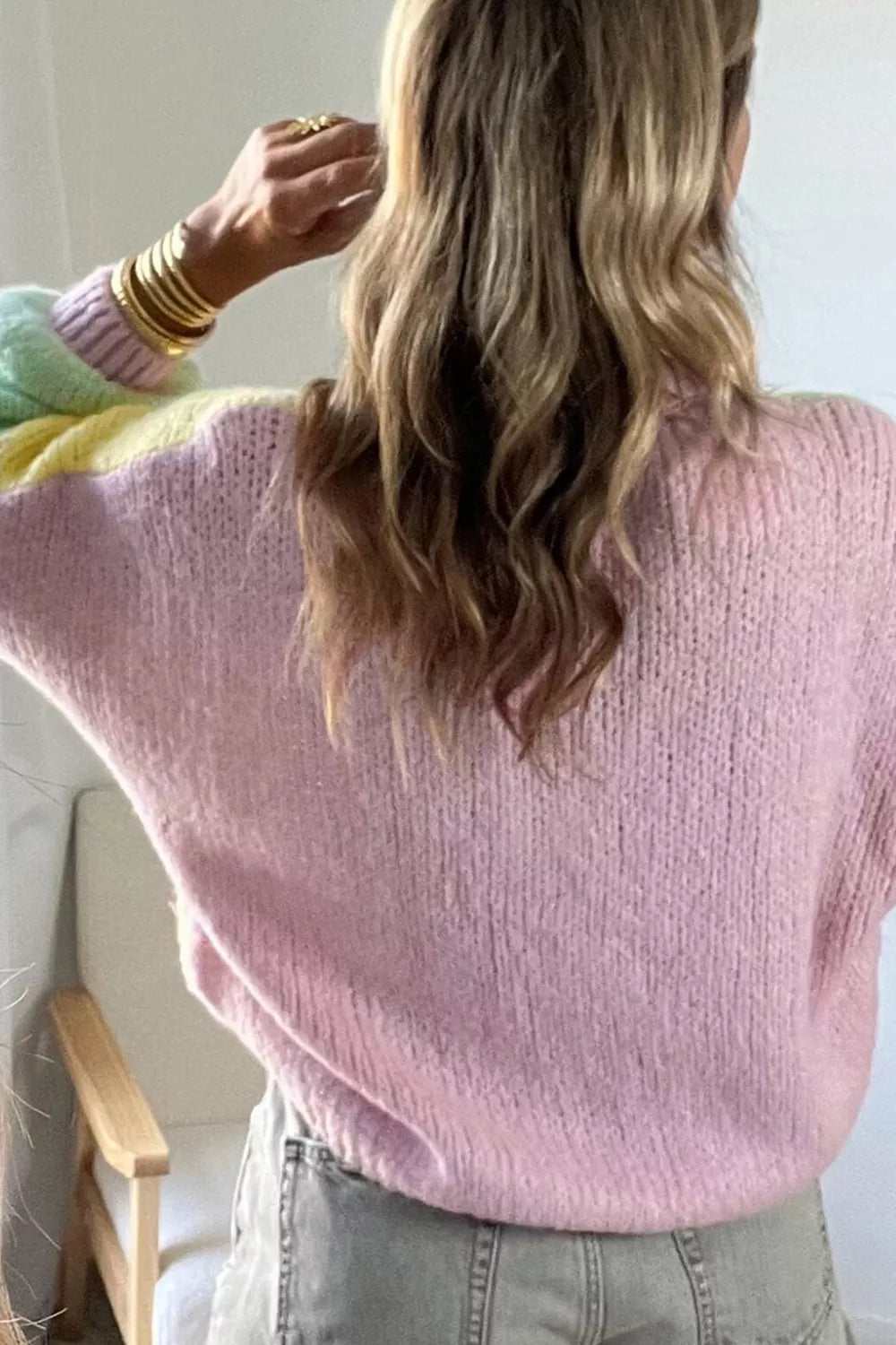 V Neck Drop Shoulder Patchwork Regular Wash Knitwear Cardigan - Lilixa.store
