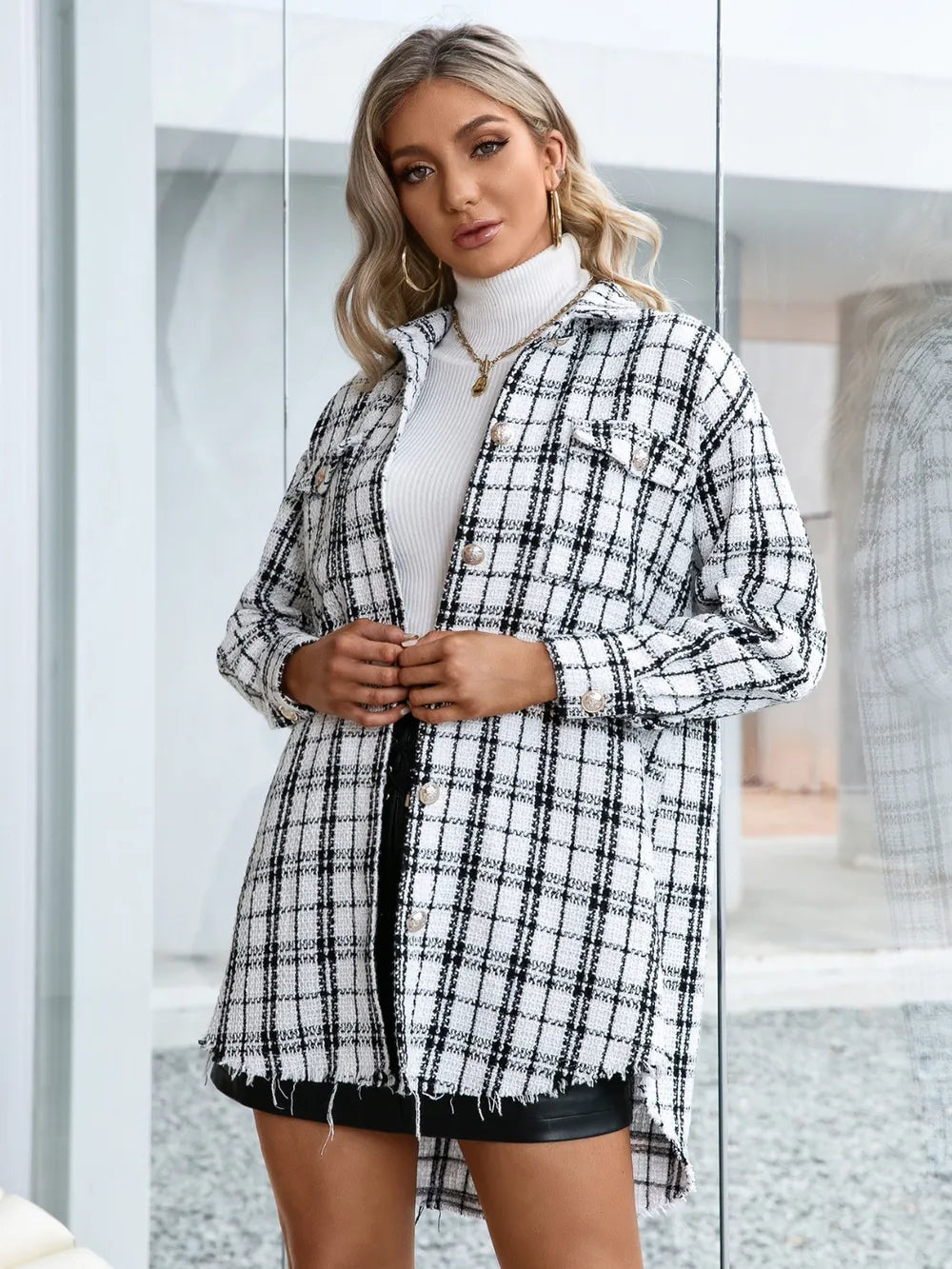Ivy Lane Plaid Pocketed Button Up Dropped Shoulder Jacket in White
