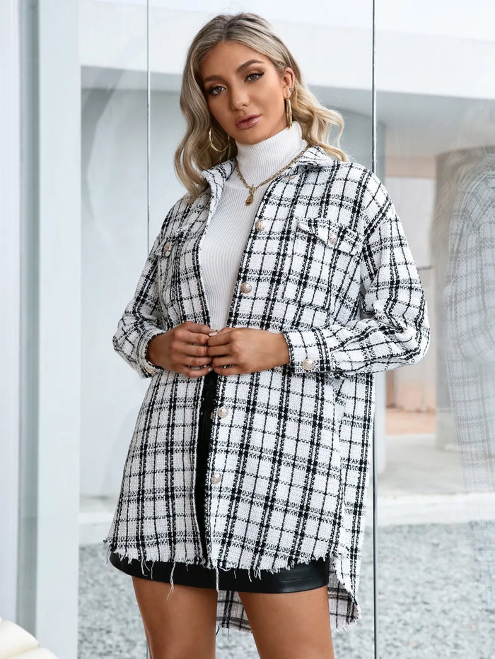 Ivy Lane Plaid Pocketed Button Up Dropped Shoulder Jacket in White