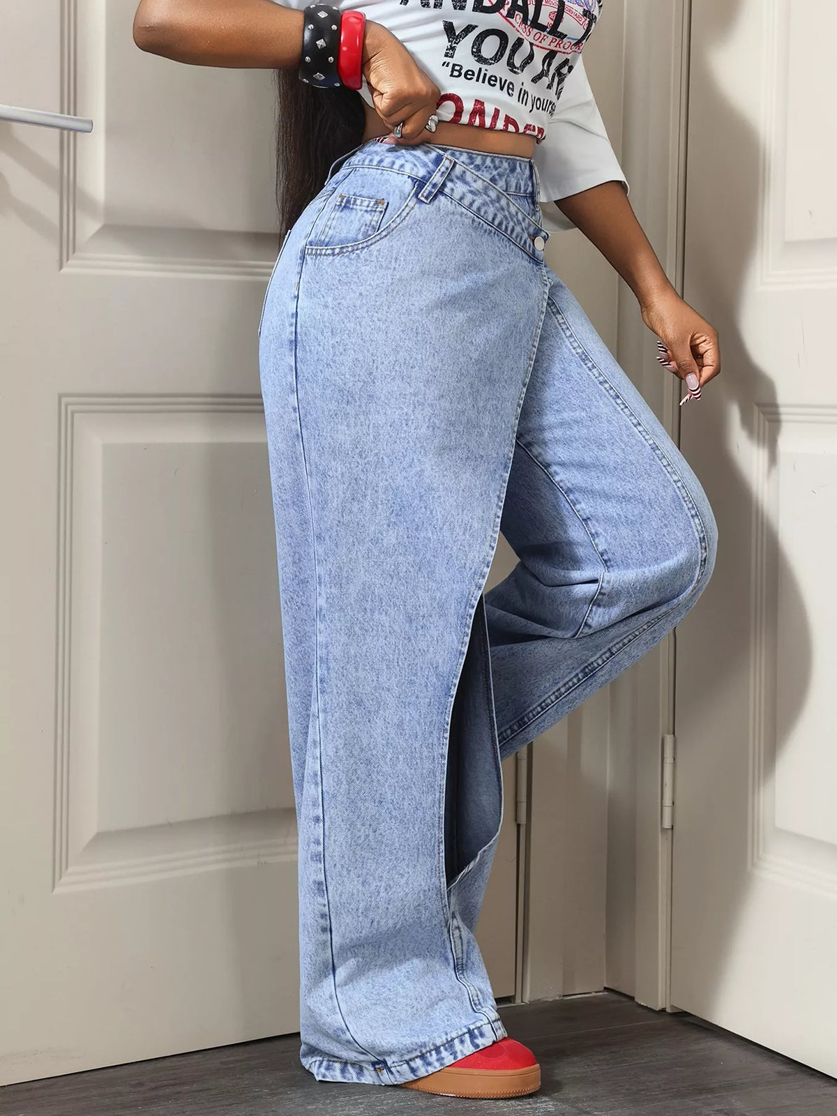 High-Waisted Asymmetric Wrap Wide-Leg Jeans - Lilixa.store