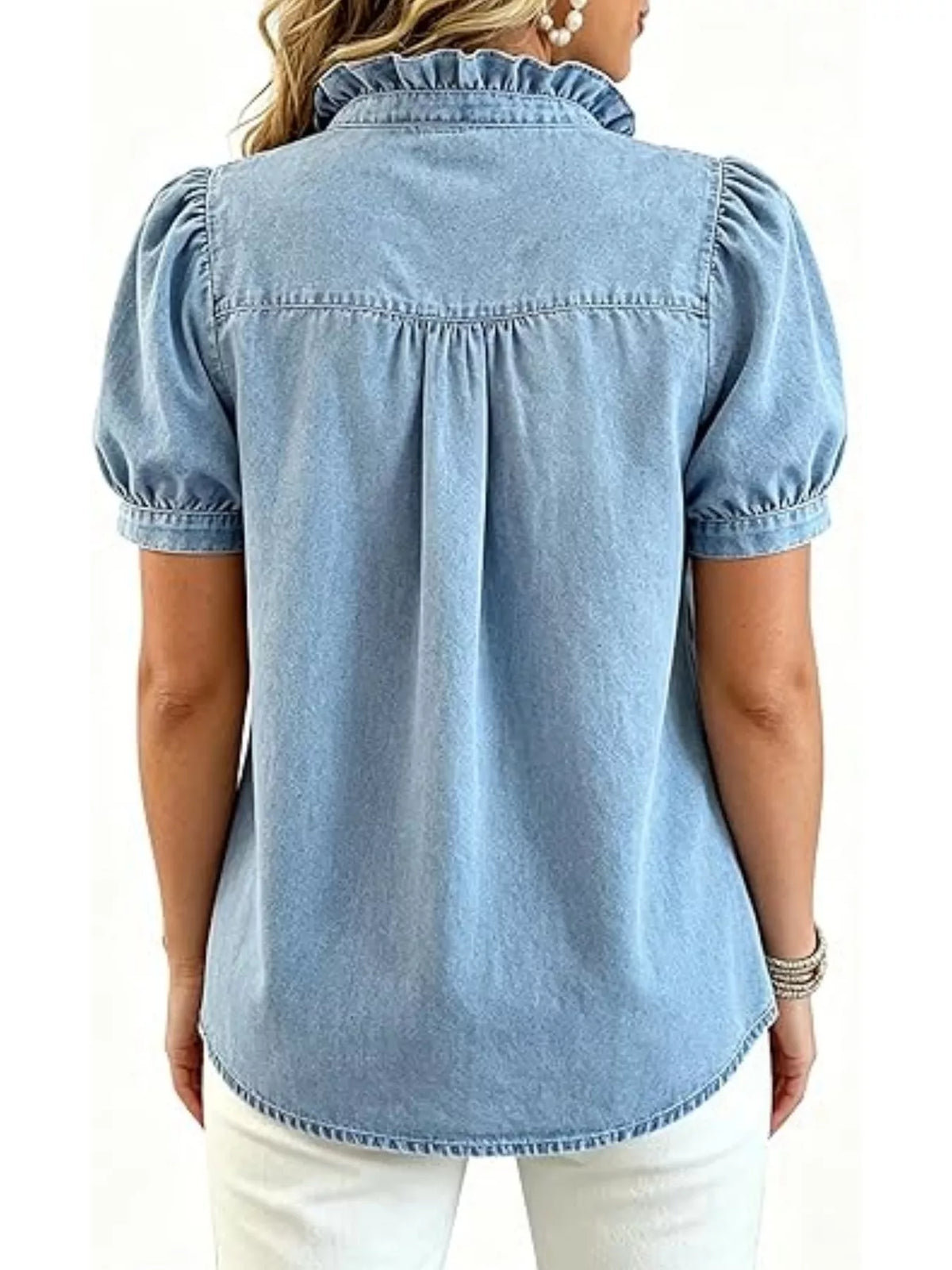 Frill Puff Sleeve Denim Top - Lilixa.store